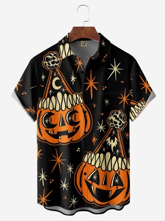 Halloween Pumpkin Chest Pocket Short Sleeve Casual Shirt