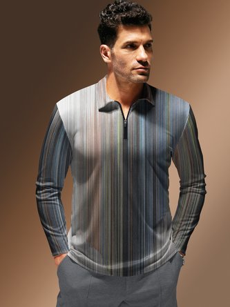 Abstract Gradient Stripes Zipper Long Sleeves Casual Polo Shirt