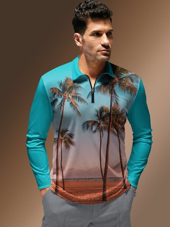 Coconut Tree Zipper Long Sleeve Vacation Polo Shirt