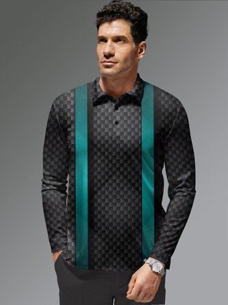 Geometric Button Long Sleeve Bowling Polo Shirt