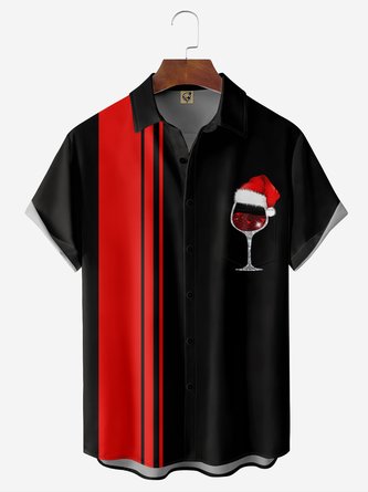 Christmas Wine Glass Chest Pocket Short Sleeve Bowling Shirt