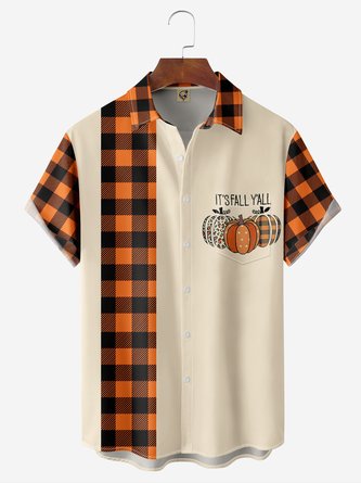 Halloween Pumpkin Chest Pocket Short Sleeve Bowling Shirt