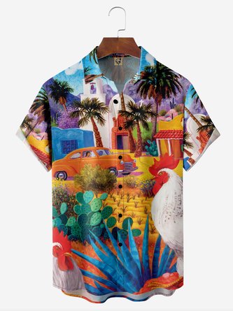 Coconut Tree Rooster Chest Pocket Short Sleeve Hawaiian Shirt