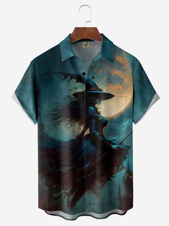 Halloween Witch Chest Pocket Short Sleeve Casual Shirt