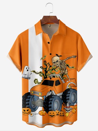 Halloween Car Skeleton Chest Pocket Short Sleeve Bowling Shirt