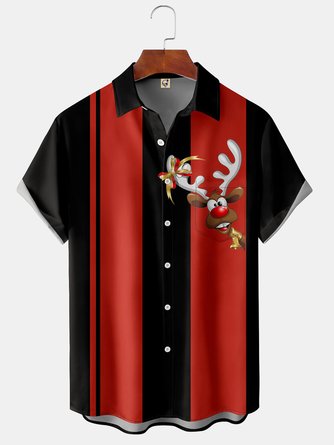 Big Size Christmas Deer Chest Pocket Short Sleeve Bowling Shirt