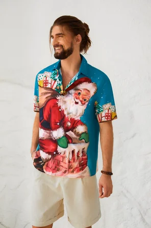 Mens Retro Christmas Santa Print Front Buttons Soft Breathable Chest Pocket Casual Hawaiian Shirt