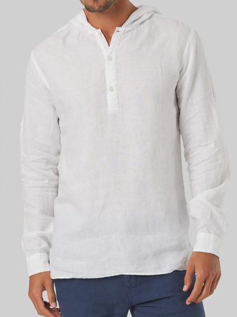 Cotton Plain Long Sleeves Casual Hooded Shirt