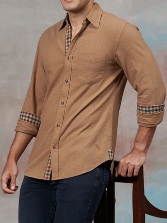 Cotton Plain Panel Check Chest Pocket Long Sleeve Casual Shirt