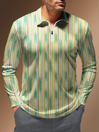 Abstract Stripes Zipper Long Sleeves Casual Polo Shirt