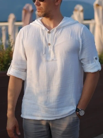 Cotton Plain Textured Long Sleeve Hooded Shirt