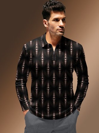 Geometric Zipper Long Sleeve Casual Polo Shirt
