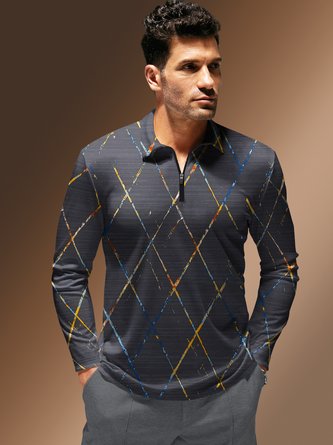 Abstract Geometric Zipper Long Sleeve Casual Polo Shirt