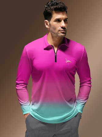 Color Block Flamingo Zip Long Sleeve Vacation Polo Shirt