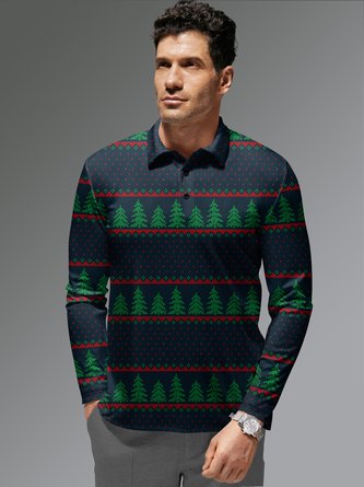 Fair Isle Christmas Tree Button Long Sleeve Holiday Polo Shirt
