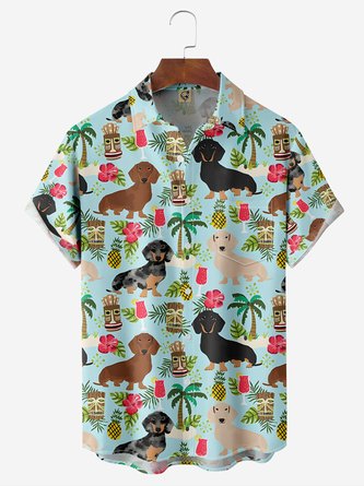 Tiki Dog Chest Pocket Short Sleeve Hawaiian Shirt