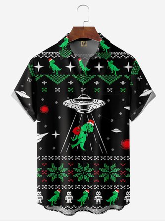 Christmas Dinosaur Chest Pocket Short Sleeve Hawaiian Shirt