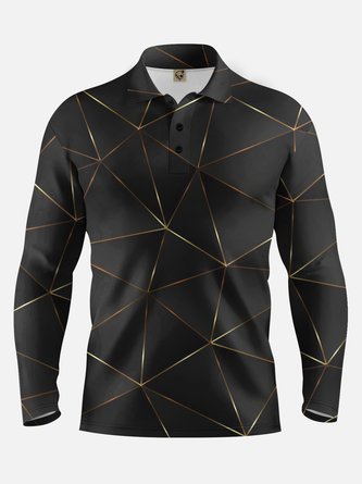 Abstract Black Gold Geometric Long Sleeve Casual Polo Shirt
