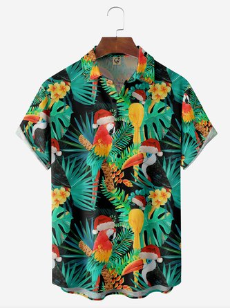 Christmas Parrot Chest Pocket Short Sleeve Hawaiian Shirt