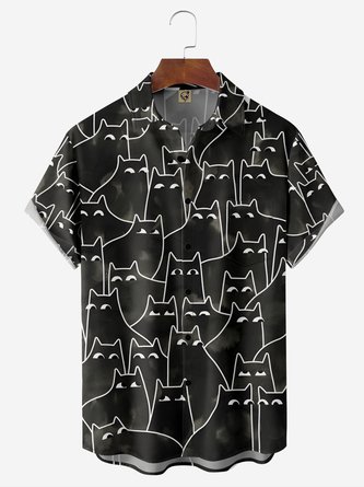 Funny Black Cat Chest Pocket Short Sleeve Hawaiian Shirt