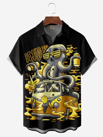 Gold Octopus Car Chest Pocket Short Sleeve Casual Shirt