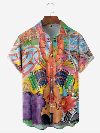 Hawaiian Violin Lobster Chest Pocket Short Sleeve Casual Shirt