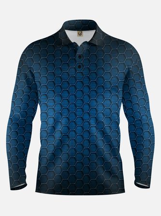 3D Gradient Color Geometric Long Sleeve Casual Polo Shirt