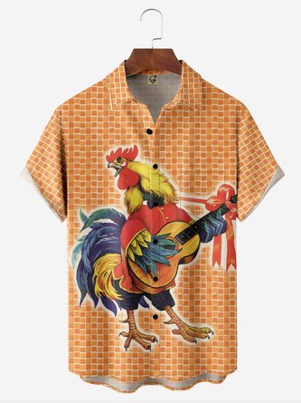 Rooster Guitar Chest Pocket Short Sleeve Casual Shirt
