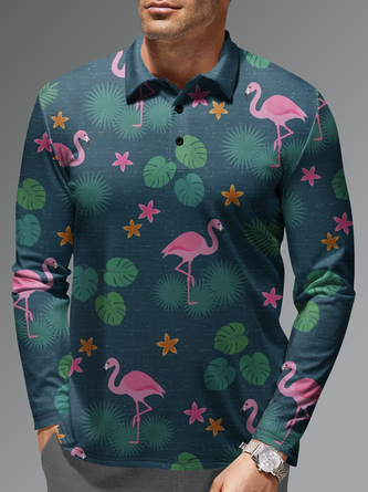 Tropical Flamingo Button Long Sleeve Vacation Polo Shirt