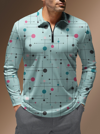 Medieval Geometric Polka Dot Button Long Sleeve Casual Polo Shirt