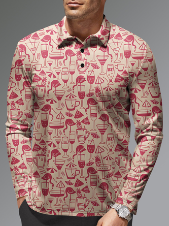 Flamingo Cocktail Button Up Long Sleeve Resort Polo Shirt