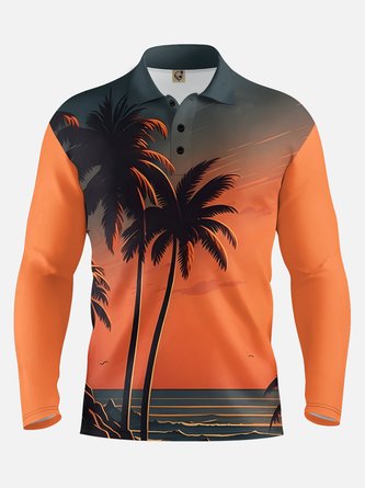Coconut Tree Long Sleeve Vacation Polo Shirt