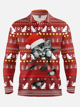 Santa Hat Cat Long Sleeve Vacation Polo Shirt