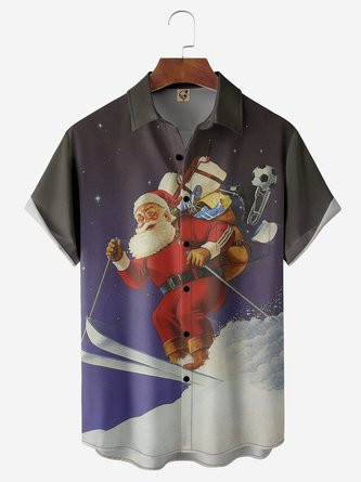 Retro Ski Santa Chest Pocket Short Sleeve Vacation Shirt