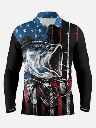 American Flag Outdoor Fishing Long Sleeve Vacation Polo Shirt