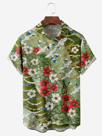Japanese Floral Chest Pocket Short Sleeve Hawaiian Shirt