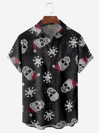 Christmas Skull Chest Pocket Short Sleeve Casual Shirt