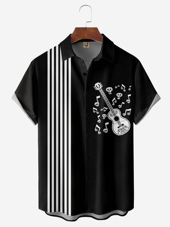 Music Guitar Chest Pocket Short Sleeve Bowling Shirt