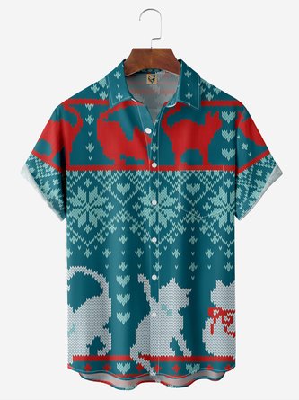 Christmas Fair Isle Cats Chest Pocket Short Sleeve Casual Shirt