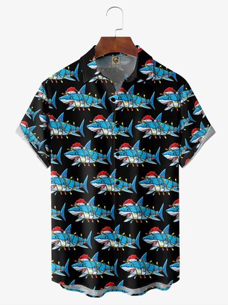 Christmas Shark Chest Pocket Short Sleeve Casual Shirt