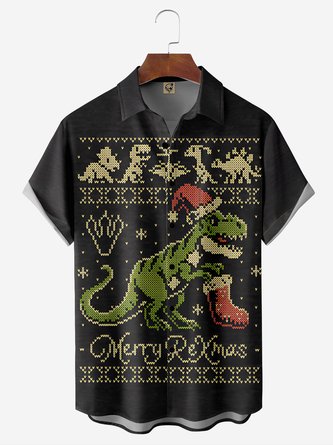 Ugly Christmas Dinosaur Chest Pocket Short Sleeve Vacation Shirt