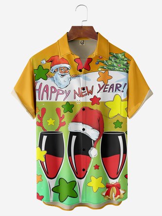 Christmas Wine Glass Chest Pocket Short Sleeve Hawaiian Shirt