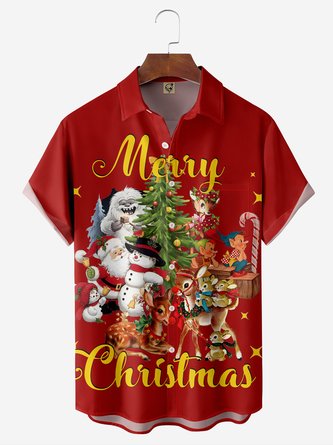 Christmas Chest Pocket Short Sleeve Casual Shirt