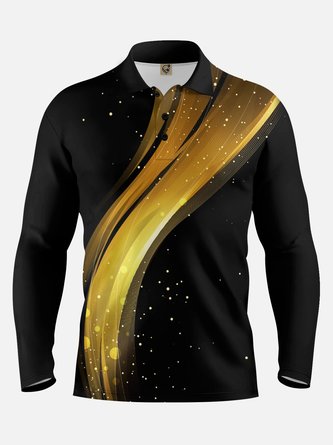 Black Gold Geometric Long Sleeve Casual Polo Shirt