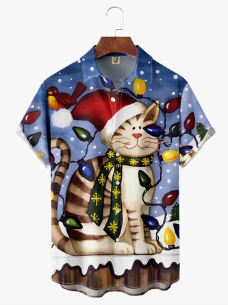 Christmas Santa Claus Cat Chest Pocket Short Sleeve Casual Shirt