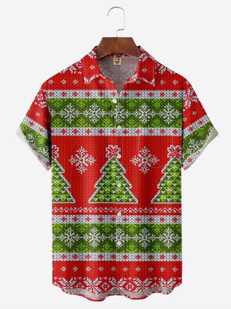 Christmas Tree Chest Pocket Short Sleeve Casual Shirt