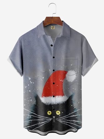 Christmas Santa Cat Chest Pocket Short Sleeve Casual Shirt