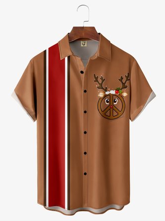 Christmas Peace Symbol Elk Chest Pocket Short Sleeve Bowling Shirt
