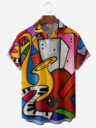 Guitar Instrument Chest Pocket Short Sleeve Casual Shirt
