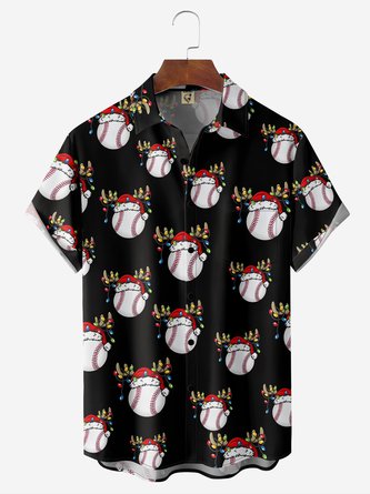Christmas Baseball Chest Pocket Short Sleeve Casual Shirt
